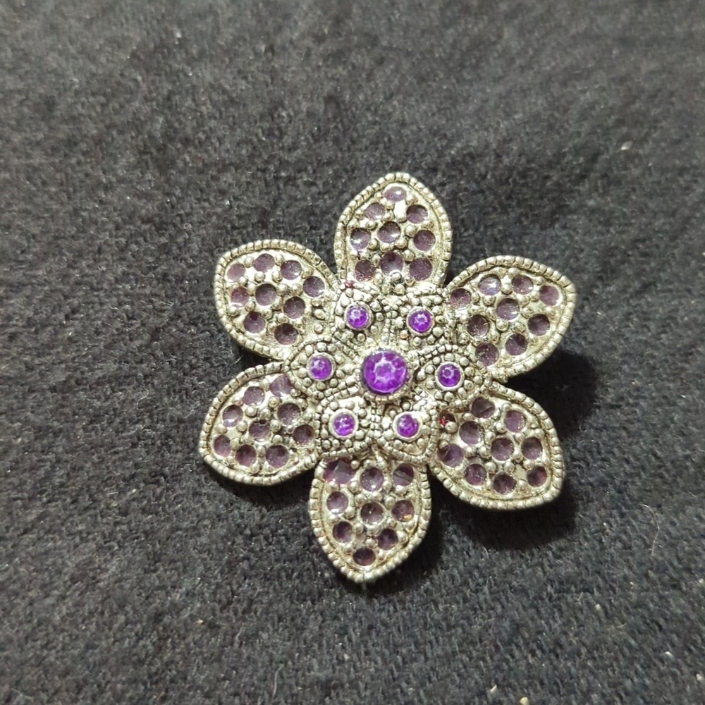 Silver Tone Purple Rhinestone Flower Floral Statement Pin Brooch